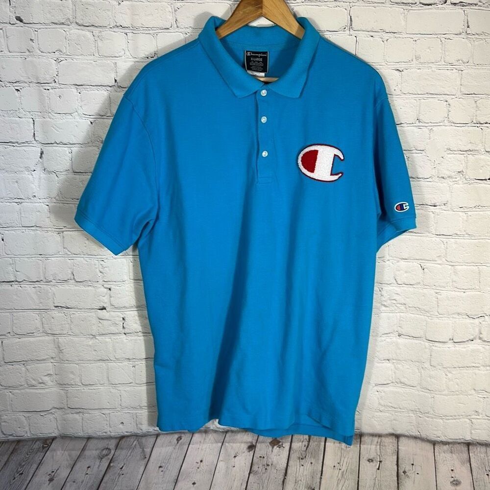 Vintage Champion Chenille C Blue Polo Short Sleeve size XL‎ SPOT
